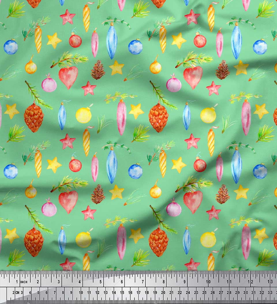 Soimoi Green Silk Fabric Star & Baubles Christmas Print Fabric by the Yard 42 Inch Wide