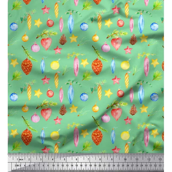 Soimoi Green Poly Georgette Fabric Star & Baubles Christmas Print Fabric by Yard 42 Inch Wide