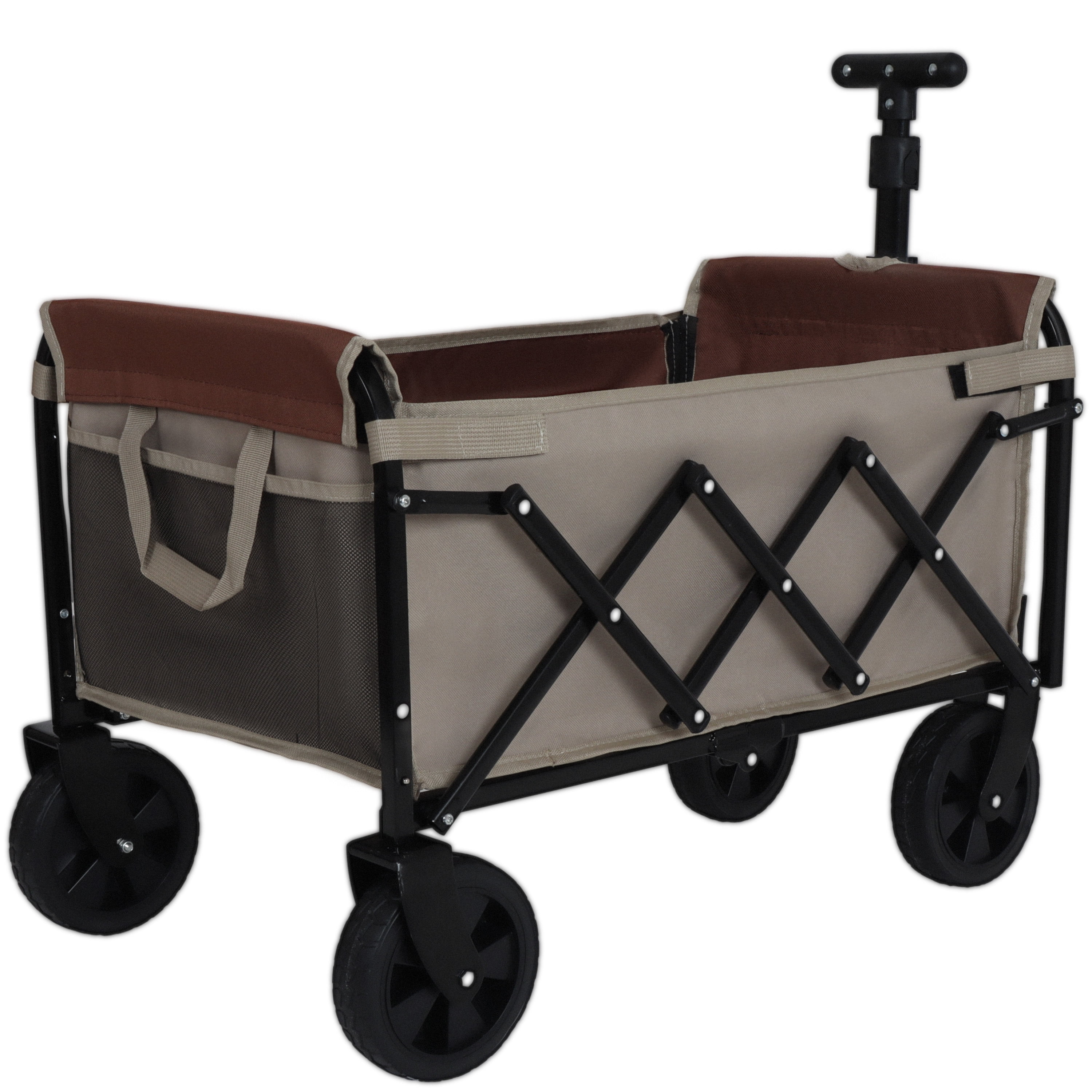 All-in-One Convertible Folding Camping Wagon Cart, Bench Seat, Storage Compartment & Included Dog Tether, Beige/Brown
