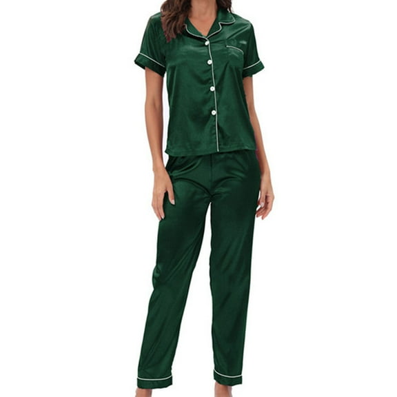 Women's V-Neck Satin Pajama Set with Short Sleeves and Long Pants, Comfortable and Breathable with Chest Pocket - Green - Medium