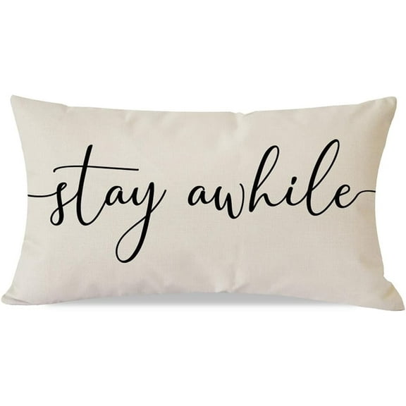 Modern Farmhouse Pillow Covers 12x20 with Words Stay Awhile Pillow Cover Rustic Decorations Lumbar Pillow Covers for Home Guest Room Decor