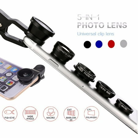 - 5 In 1 Fish Eye+Wide Angle+Macro+CPL+ 2.0X Telephoto Camera Clip-on Lens Kit for Universal Cell Phone
