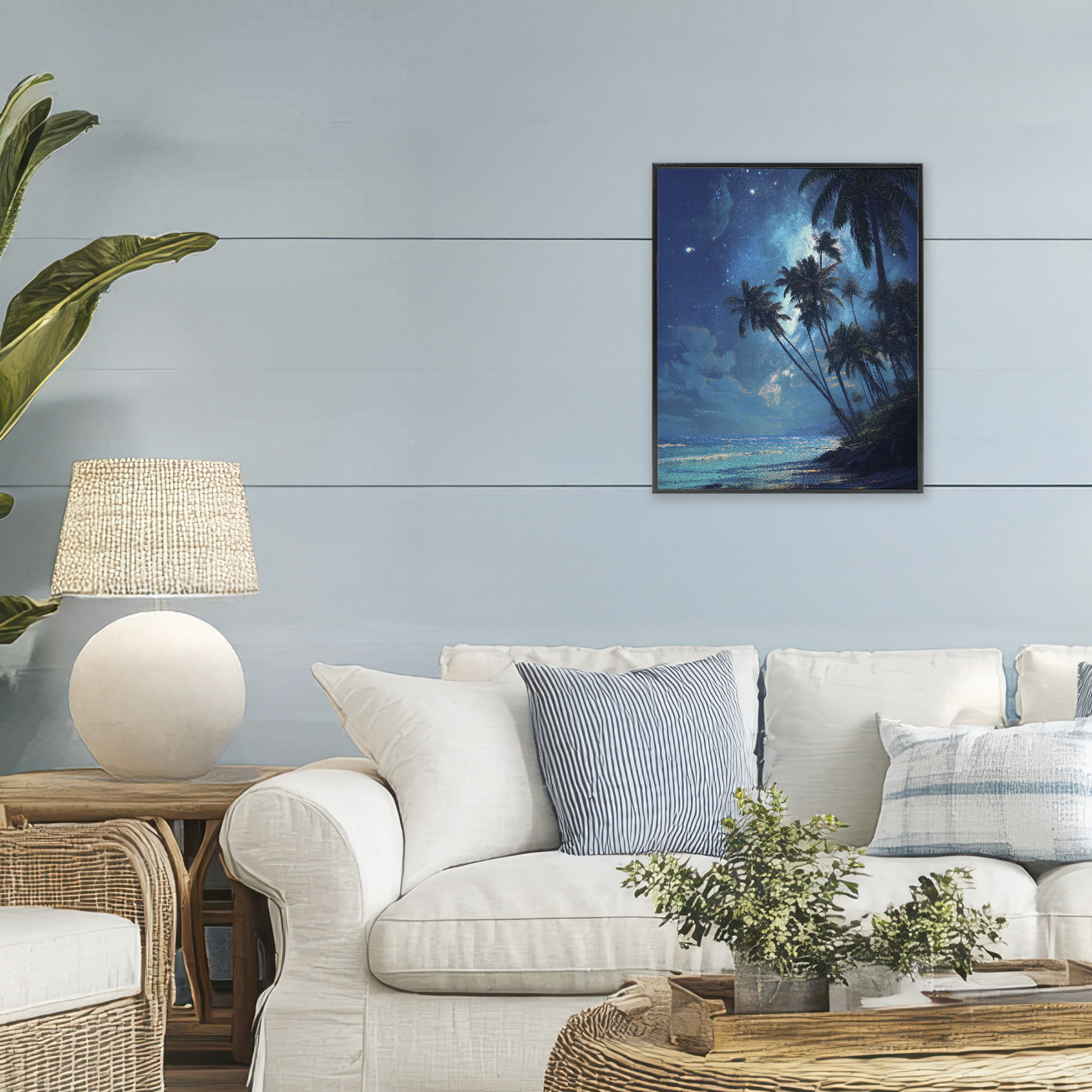 Moonlit Beach Palm Trees Black Framed Giclee Art, design by Ziwei Li