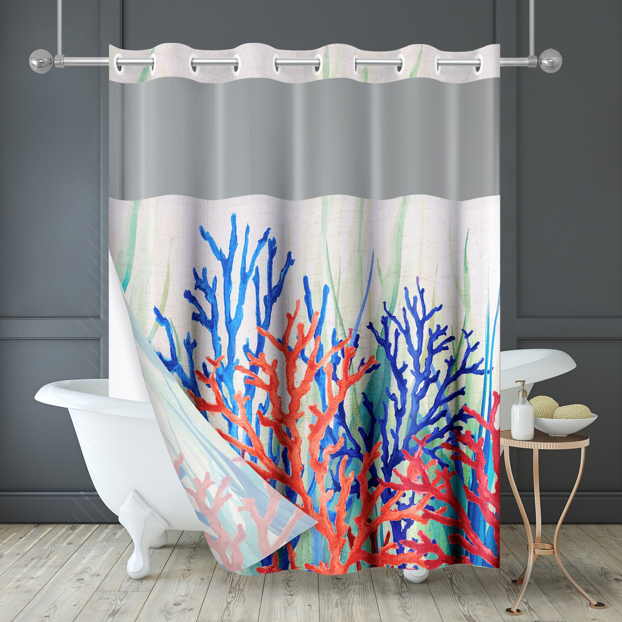 Americanflat 72x75 Hookless Shower Curtain - Coastal Orange Blue Shower Curtain with Sheer Panel, Snap-In Liner, and Grommets - 100% Polyester