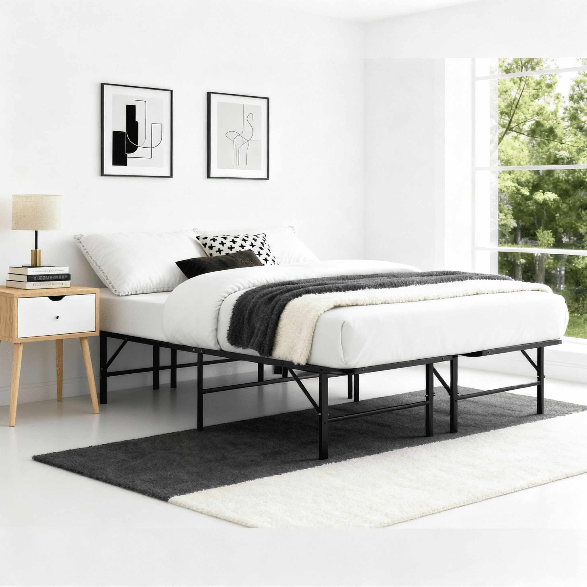 ASINMAK Queen Metal Platform Folding Bed Frame 14 Inch High Queen Size Box Spring Replacement Heavy Duty Steel Slat Easy Assembly Under-Bed Storage,Black