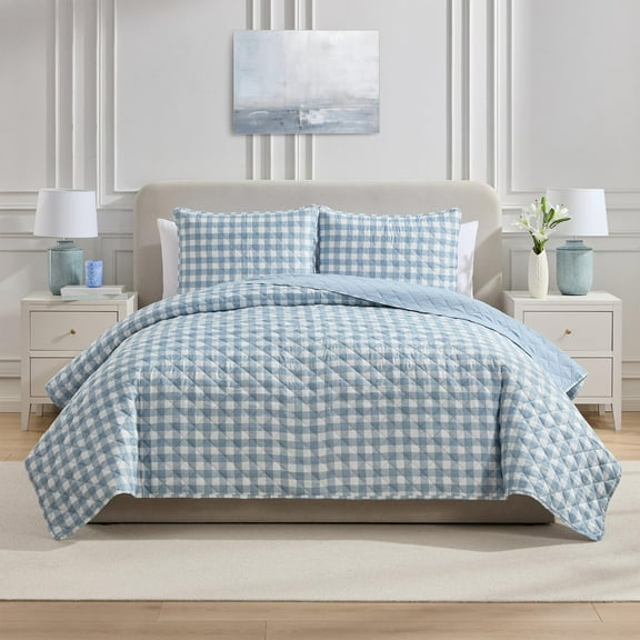 VCNY Home Blue Gingham 3-Piece Adult Microfiber Quilt Set, Full/Queen