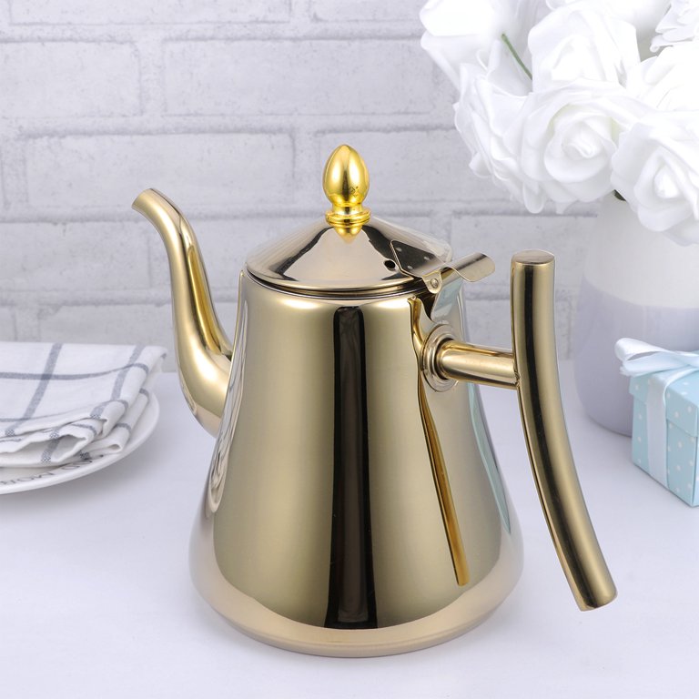 1L Stainless Steel Tea Pot Water Kettle Tea Kettle with Strainer for Home Restaurant (Golden)