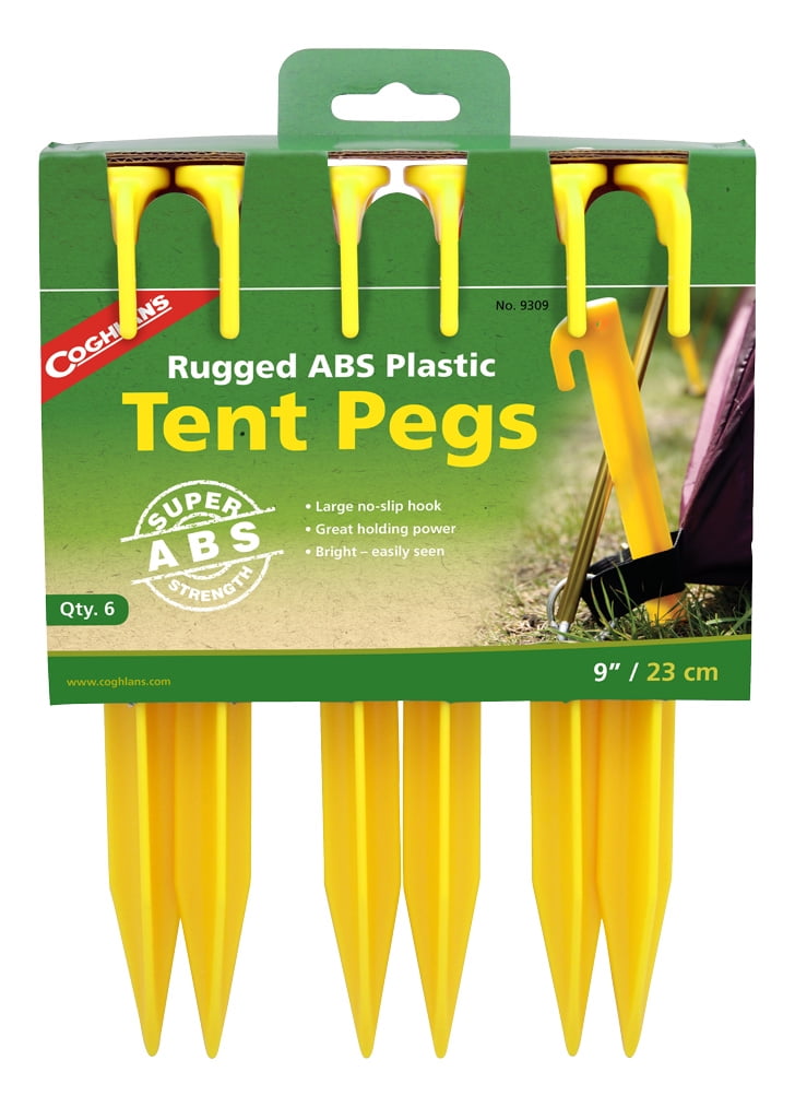 24-6 INCH RUGGED ABS TENT PEGS/STAKES NO SLIP HOOKS LIGHTWEIGHT YELLOW 24 PACK 