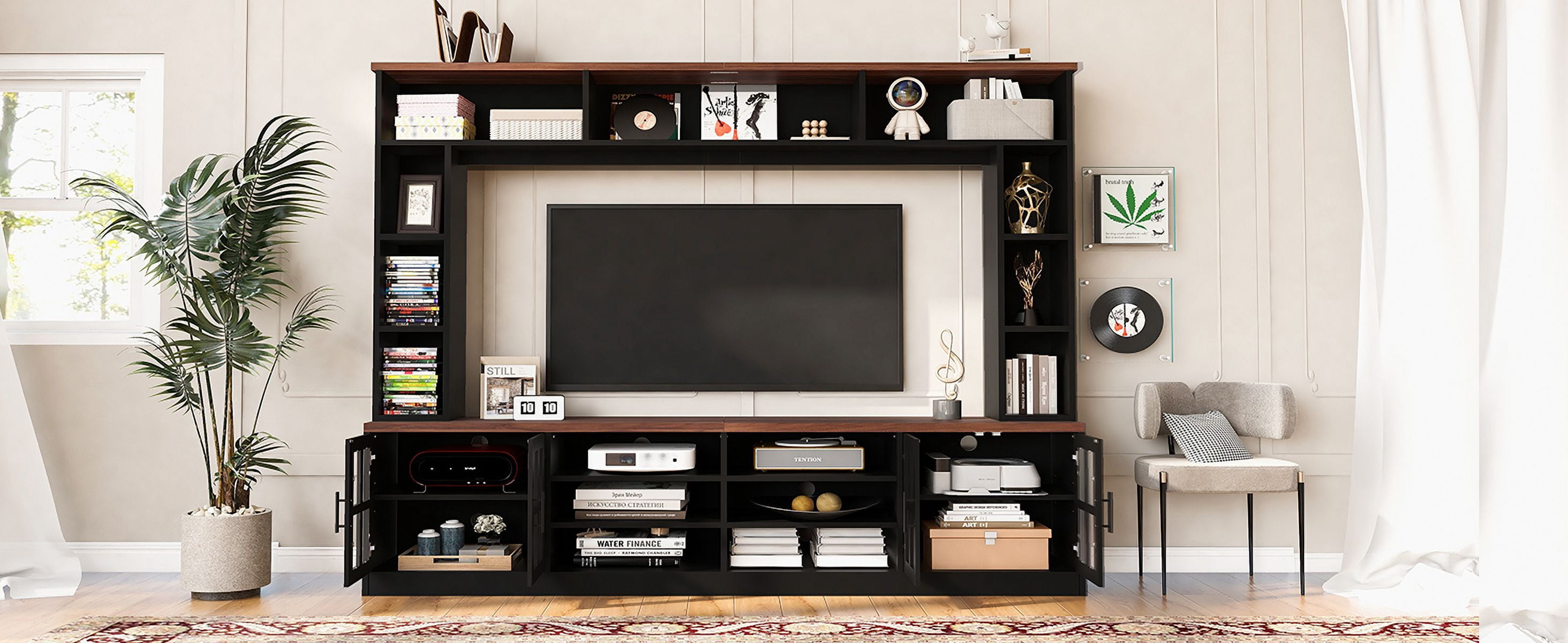 Euroco Elegant 95.5" TV Stand with Storage & Display Shelves, Tempered Glass Doors, and Wire Management for TVs up to 80" – Modern Entertainment Center