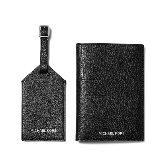 Michael Kors Pebbled Leather Passport Case and Luggage Tag Gift Set (Black)