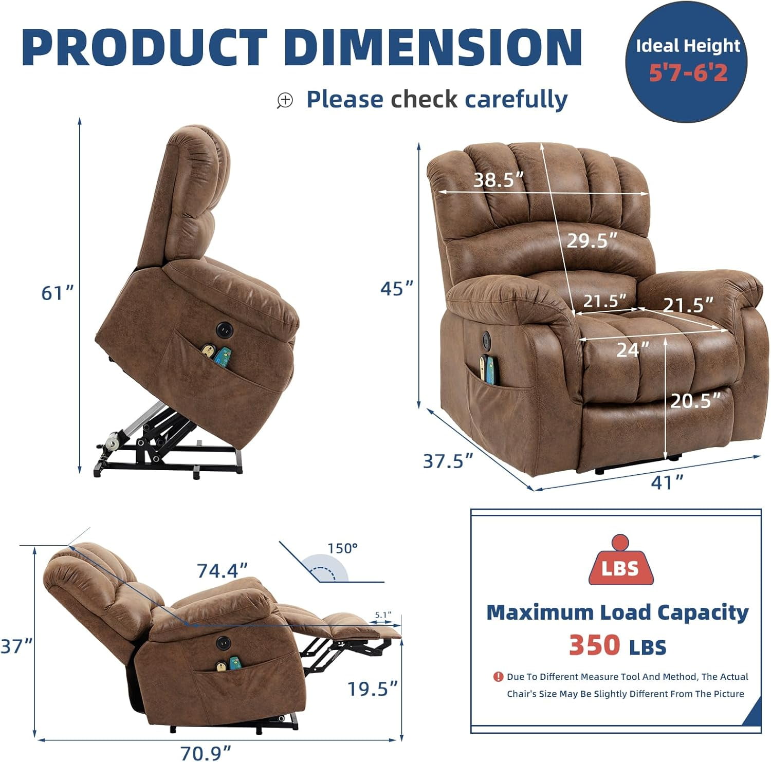 Large Electric Power Lift Recliner Chair with Extended Footrest for Elderly Tall Man, Overstuffed Heated Massage Wide Reclining Sofa with 2 Remote Controls, Side Pockets & USB Ports, Brown