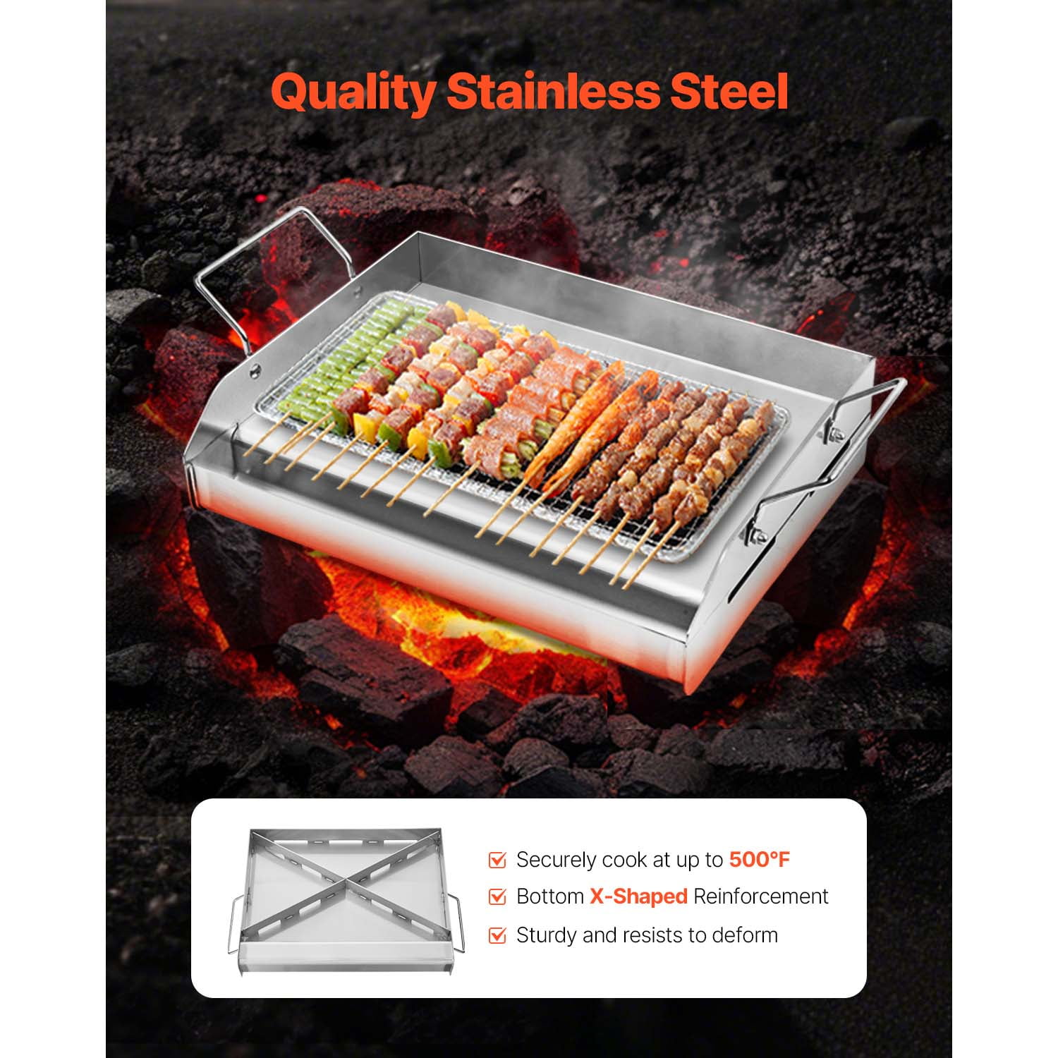 KFFKFF Griddle in Stainless Steel, Dimensions 17x13 inches, Flat Rectangular Universal Plate, Suitable for BBQ Grill, Teppanyaki, Compact Cookware with Handle, Ideal for Outdoor Activities