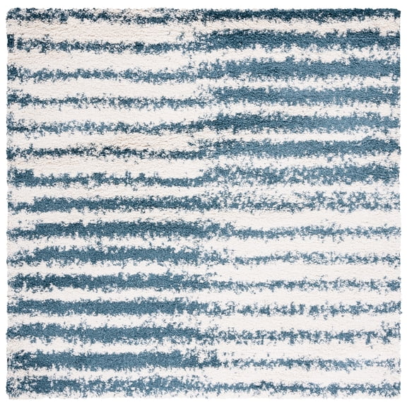 SAFAVIEH Hudson Shag Jagoda Striped Area Rug, Ivory/Slate Blue, 7' x 7' Square