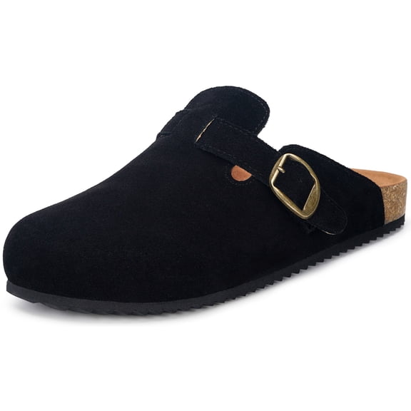 Genuine Suede Leather Clogs for Women's Men's Slip on Mules Antislip Cork Sandals Shoes with Buckle Arch Support Black