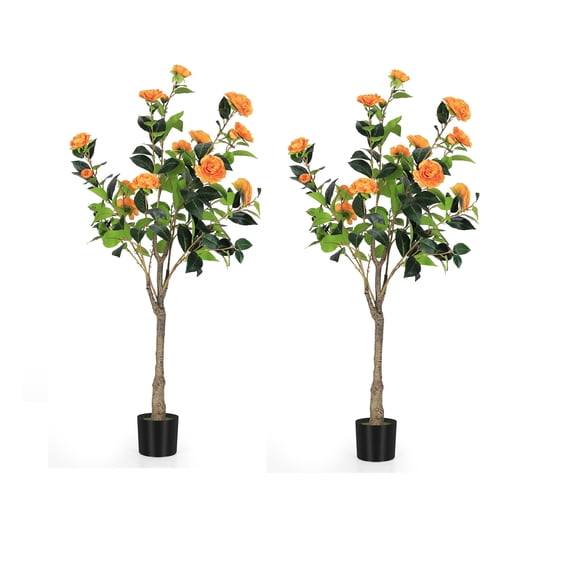2-Pack 47 Inch Artificial Camellia Tree with Orange Flowers - 4 FT Faux Blooming Plant for Indoor Outdoor Home, Office & Front Door