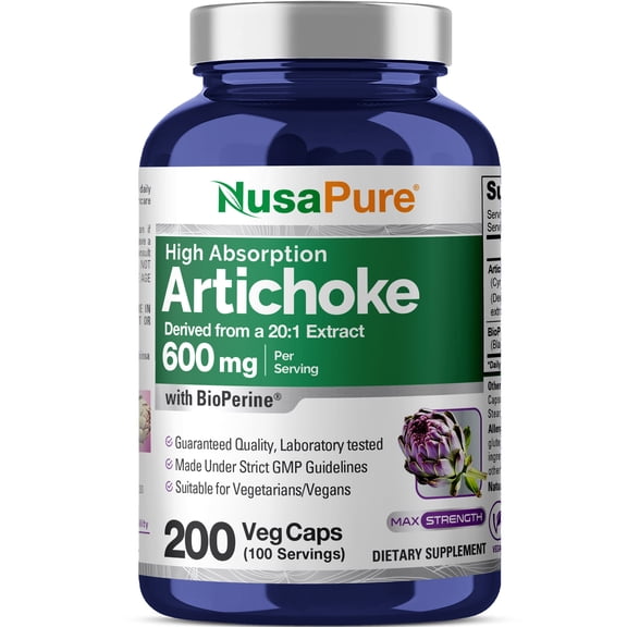 NusaPure Artichoke Capsules, 600 mg, 200 Veg Capsules (Non-GMO, Gluten Free)