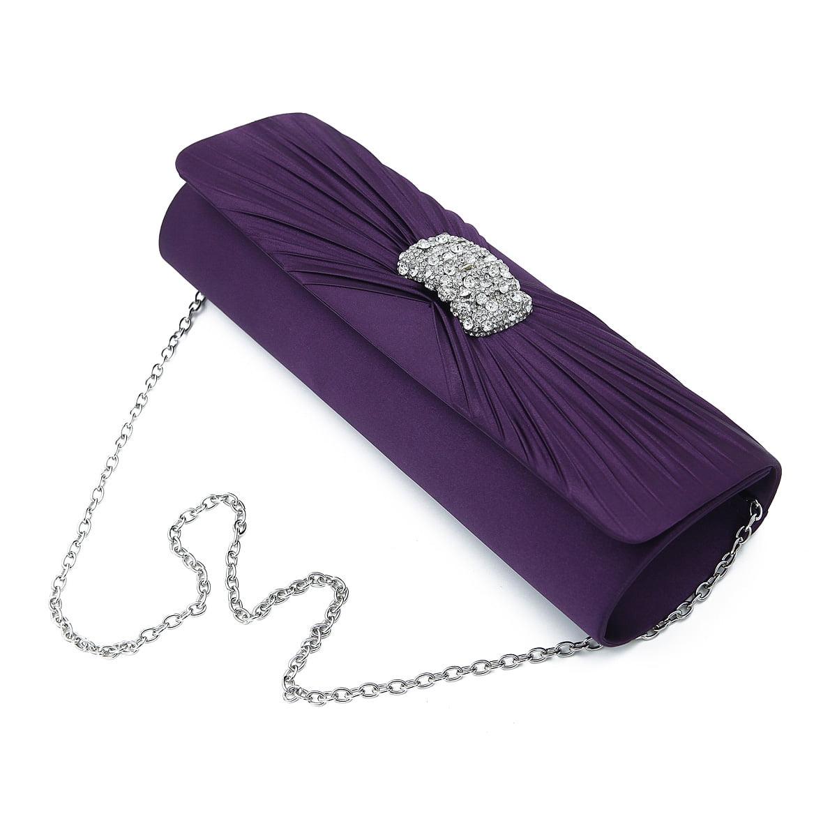 Elegant Cross Pleated Satin Flap Crystal Clutch Evening Bag Diff Colors Avail 