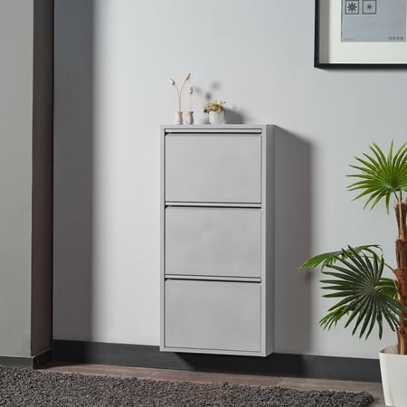 Flip Drawer Shoe Cabinet, Storage Organizer, Freestanding Shoe Rack, Wall Mounted No-Assembly (Grey, 3 Drawer)