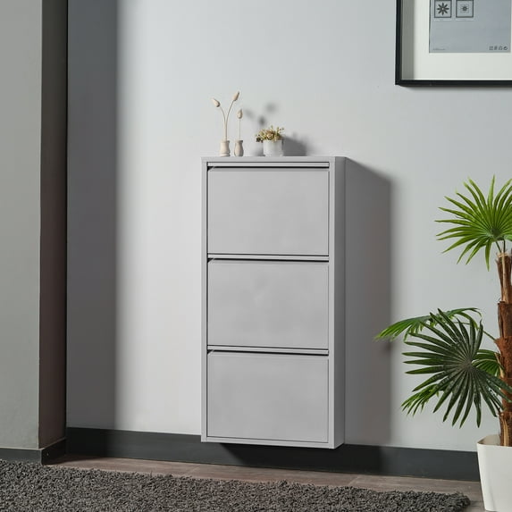 Flip Drawer Shoe Cabinet, Storage Organizer, Freestanding Shoe Rack, Wall Mounted No-Assembly (Grey, 3 Drawer)