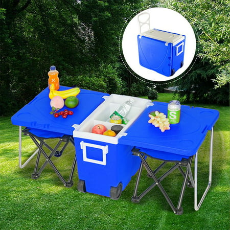 Cooler with Table, 2019 Upgraded Rolling Cooler with Foldable Picnic Table and 2 Portable Fishing Chair, 30-Quart Cooler for Camping, BBQs, Tailgating & Outdoor Activities, Blue,