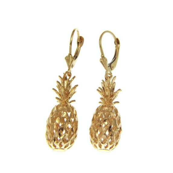 14K solid yellow gold Hawaiian diamond cut 11.40mm 3d pineapple leverback earrings