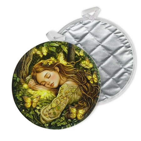 

2 PCS Pot Holders for Kitchen Potholders Sets with Hook for Oven Cooking Baking Beautiful Fairy With Long Hair Sleeping In The Forest