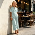 thumbnail image 5 of Amidoa Girls 2 Piece Outfits Summer Clothes Solid Color T Shirt Cute Ruffle Sleeve Short Sleeves Casual Pants Kids Clothing Sets Mint Green Size 8, 5 of 9