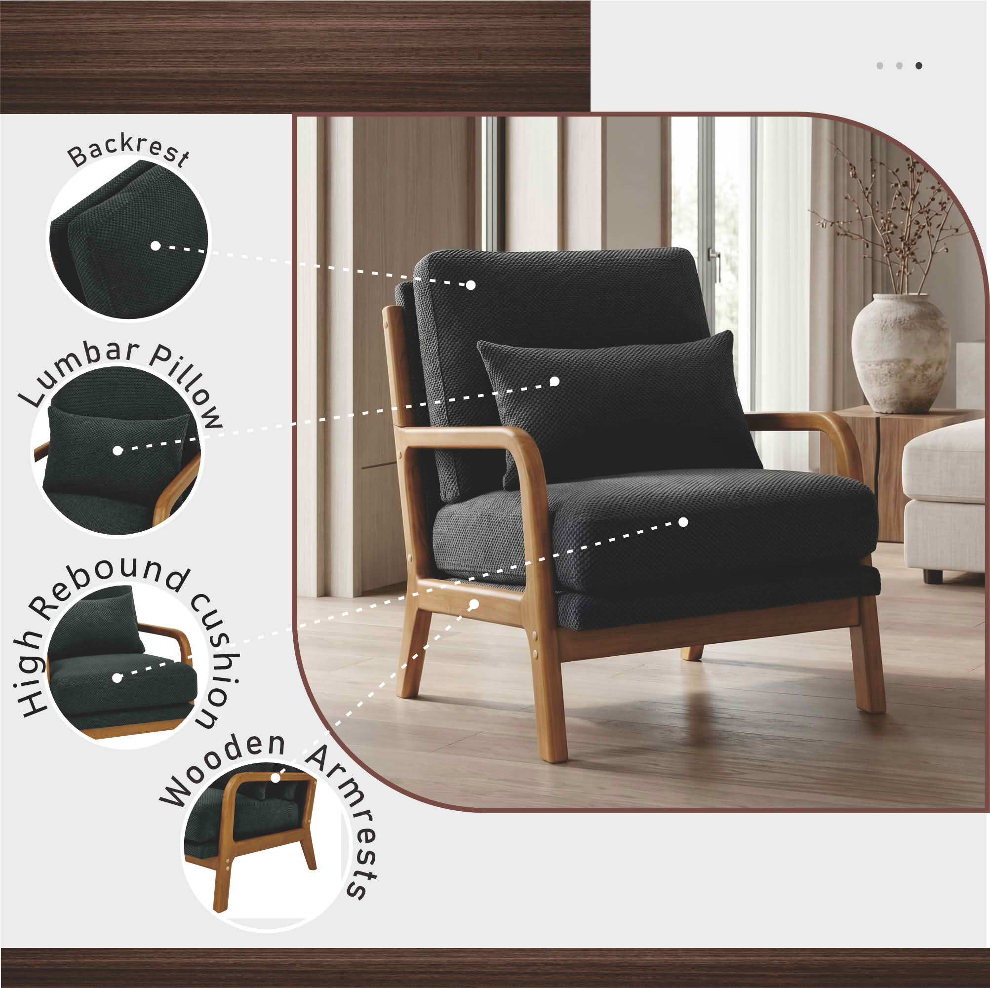 MAYEERTY 26 In Nubby Fabric Lounge Chair, Solid Wood Armrests, Lumbar Pillow, Dark Gray, 300 lb