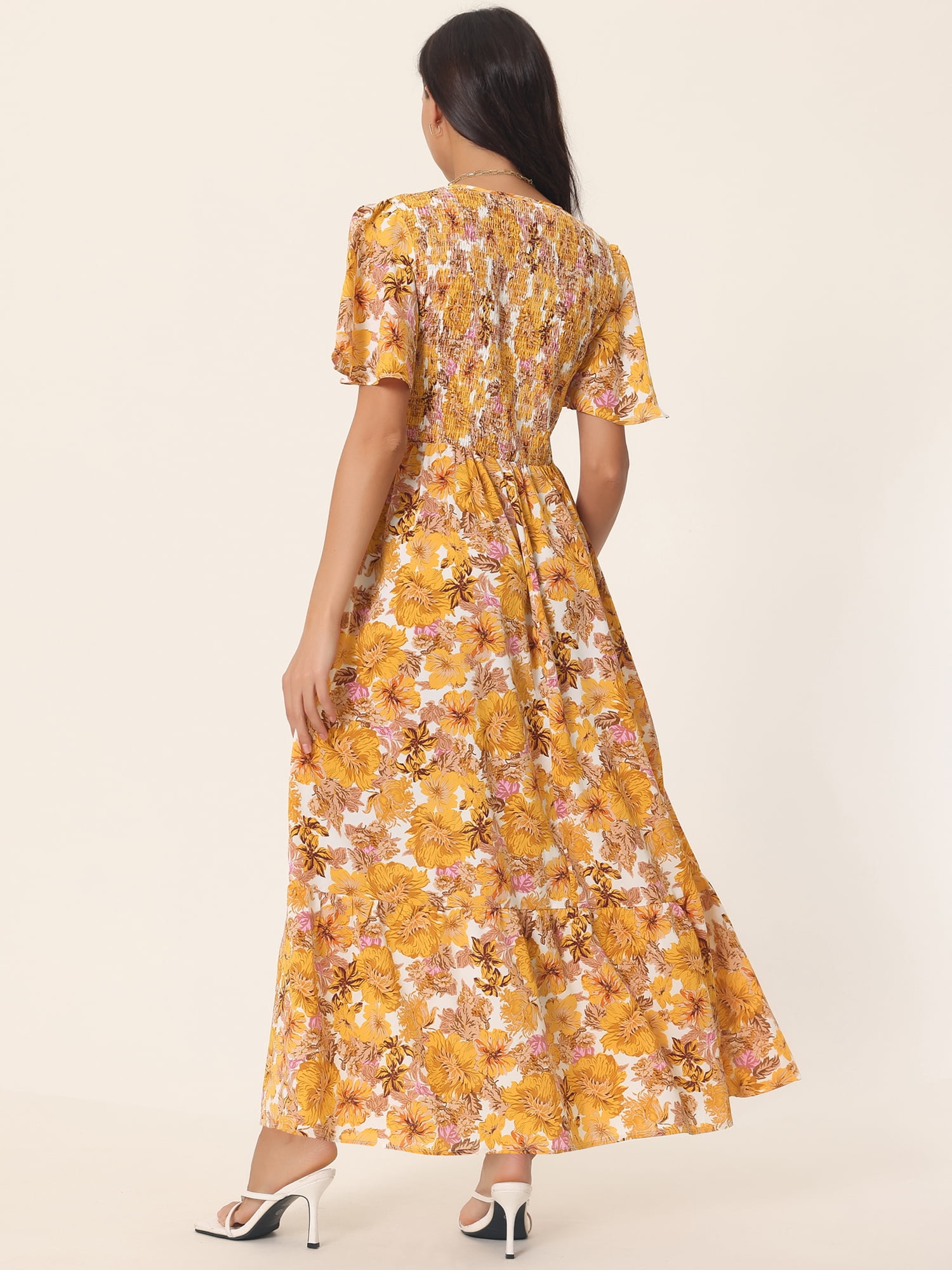 Unique Bargains Women's Floral Short Flutter Sleeve Smocked Flowy Maxi Dress with Pockets M Yellow