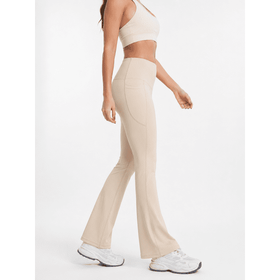 Women's High-Waisted Flare Pants with Side Pockets, Cream, S