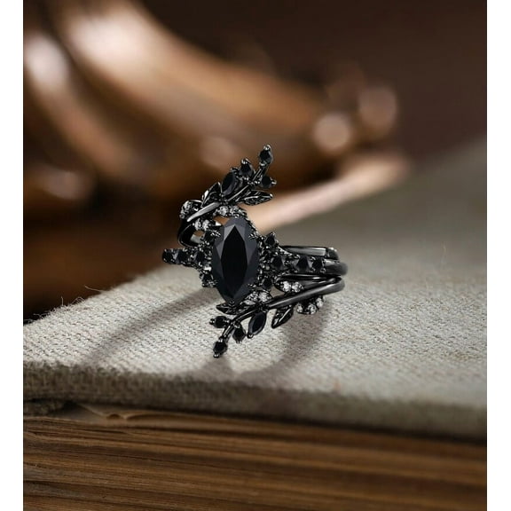 Marquise Cut Art Deco Leaf Twig Black Onyx Engagement Ring Set, 14K Black Gold Plated (Set of 2)