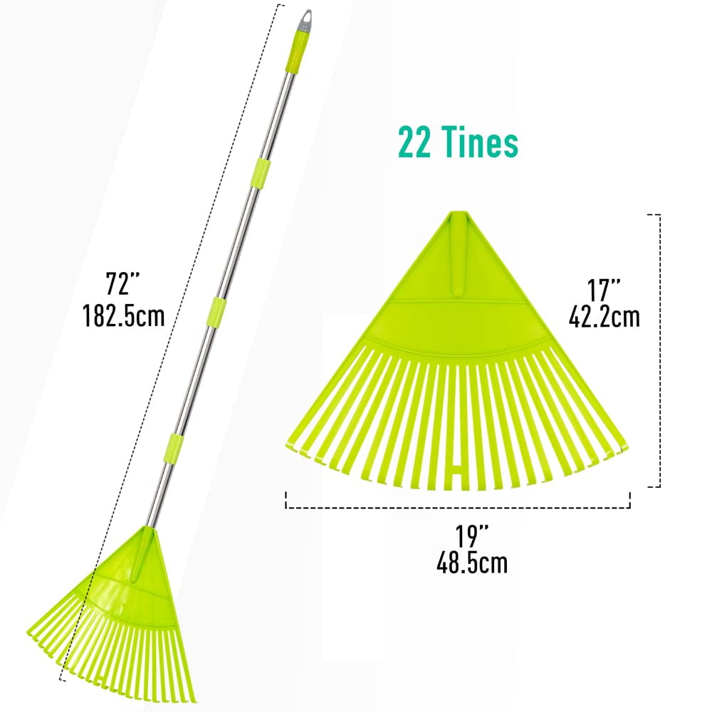 Colwelt Plastic Rakes for Leaves, 72 in, Leaf Rake with Lightweight Stainless Steel Handle to Sweep Leaves in Lawn, Durable Plastic Green Head 22 Tines & 15 Tines
