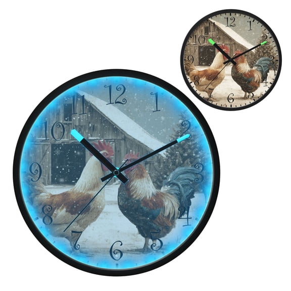 Voice Activated Clock with Glow Light 12 Inch Large Silent Wall Clock Battery Operated for Home Decor Chicken and Rooster