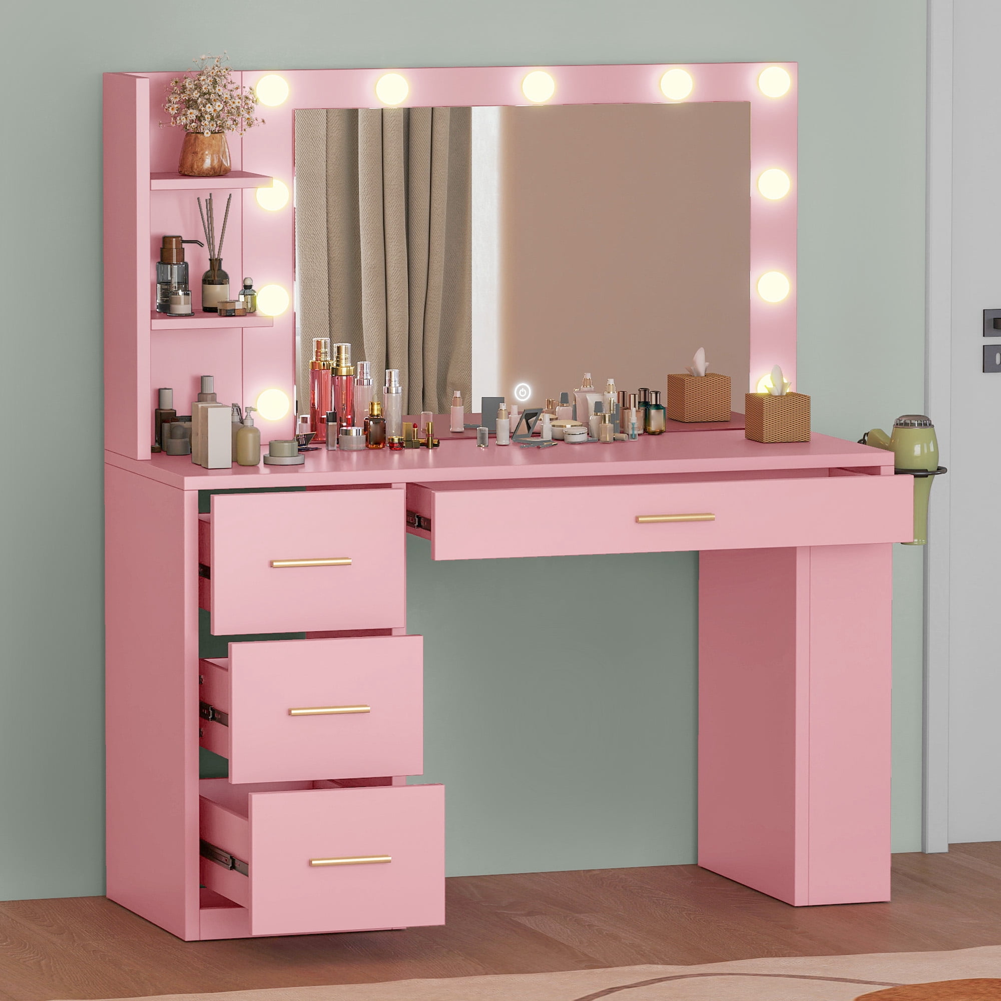 Uforic Makeup Vanity Desk with Mirror & Lights, Vanity Desk with 4 Drawers & Storage Shelves - Pink