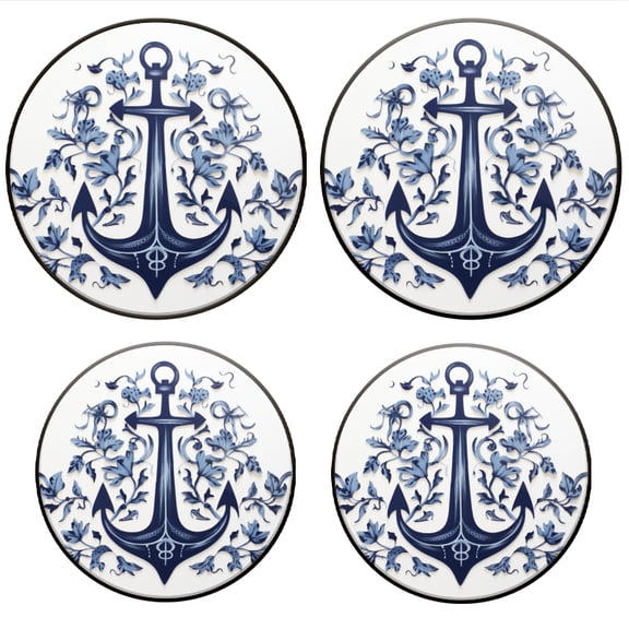 Bahomeck Gas Stove Burner Cover Set Of 4,Blue Anchor With Floral Designs Surrounding It Metal Electric Stove Burner Covers,Protecting Gas Stoves,Kitchen Decor,8 Inch And 10 Inch