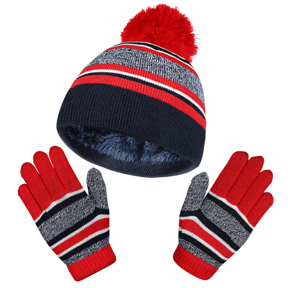 OZERO 2Pcs Kids Winter Knit Hat Gloves Set Warm Fleece Lining Thermal Beanie for 4-10 Year Boys and Girls
