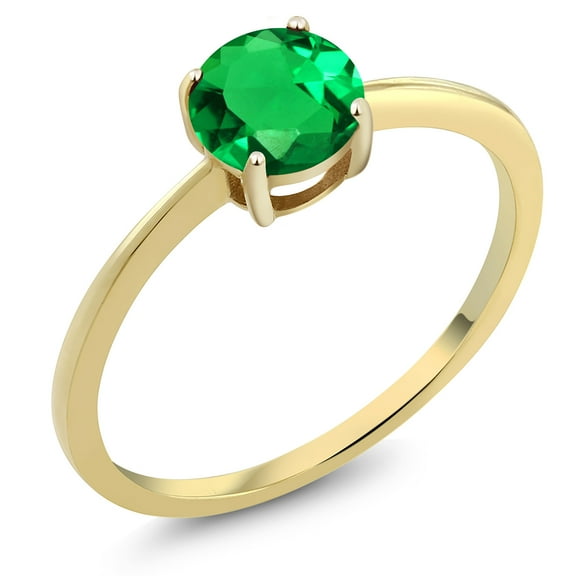Gem Stone King 10K Yellow Gold Green Nano Emerald Solitaire Engagement Ring for Women (0.77 Cttw, Round 6MM, Gemstone May Birthstone, Size 7.5)