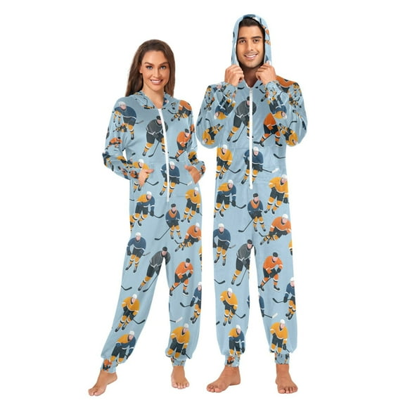 FORMRS Onesies Pajama for Adults Unisex Hoodie Winter Jumpsuit One Piece Sleepwear, Sizes S-2XL, Cartoon Hockey Pattern