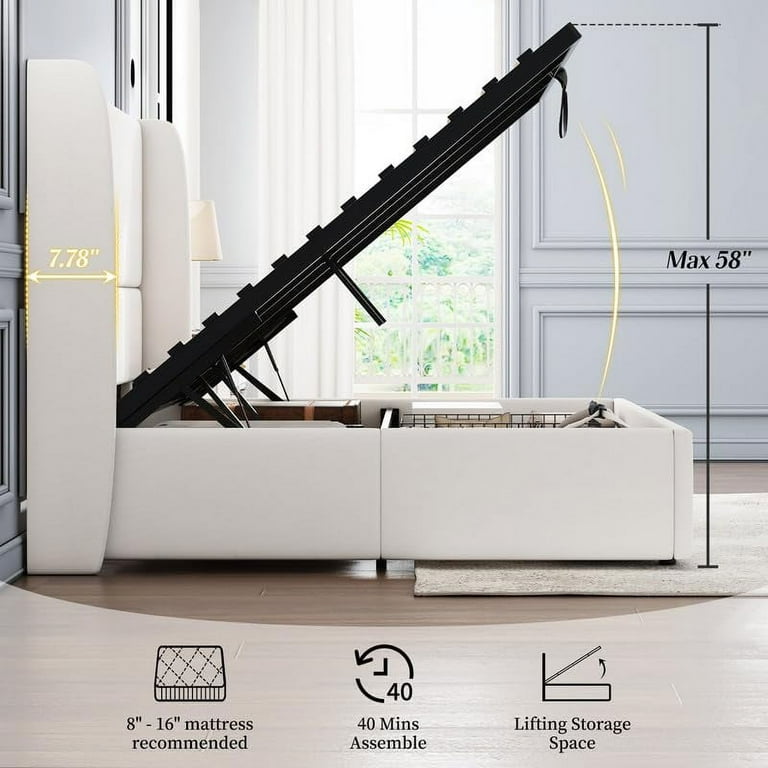 VANACC King Size Lift Up Storage Bed, Upholstered Platform Bed Frame,Modern Wingback Headboard,No Box Spring Needed,White VANACC King Size Lift Up Storage Bed, Upholstered Platform Bed Frame,Modern Wingback Headboard,No Box Spring Needed,White