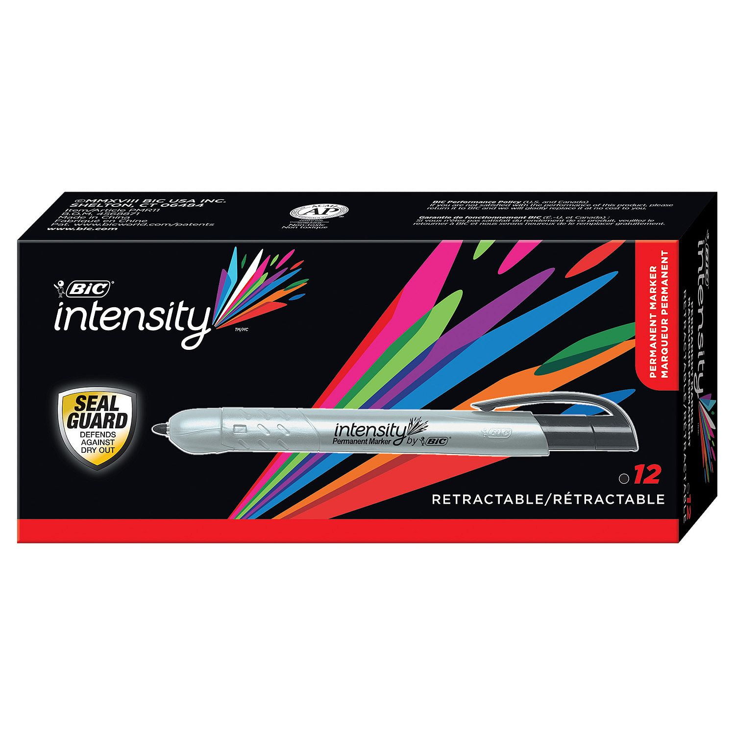 BICÂ® Marking Retractable Permanent Marker, Fine Tip, Black, 12pk