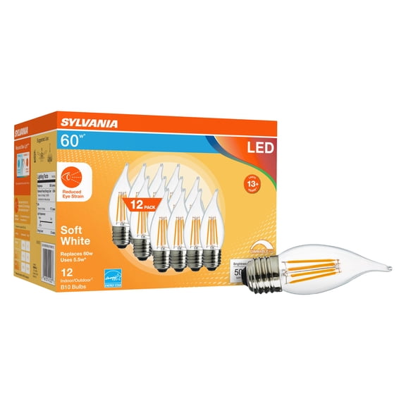 Sylvania LED Reduced Eye Strain B10 Light Bulb, 60 watts, Dim, Soft White, 12 Pack