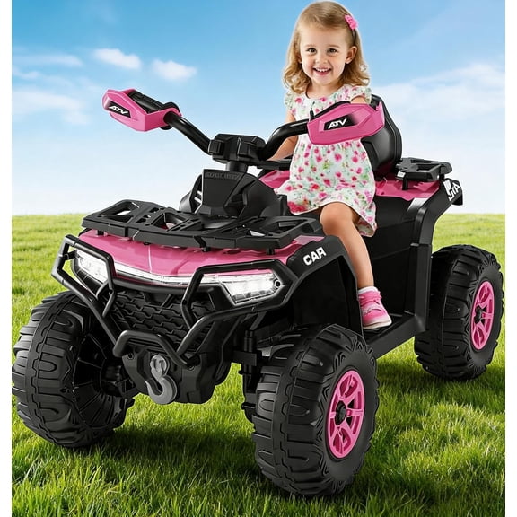 12V Electric Ride On ATV Quad, 4-Wheel Battery Powered Vehicle with Remote Control, Dual 390 Motors, LED Lights, Bluetooth, USB, Music, Spring Suspension, for Ages 3-8,Dark pink