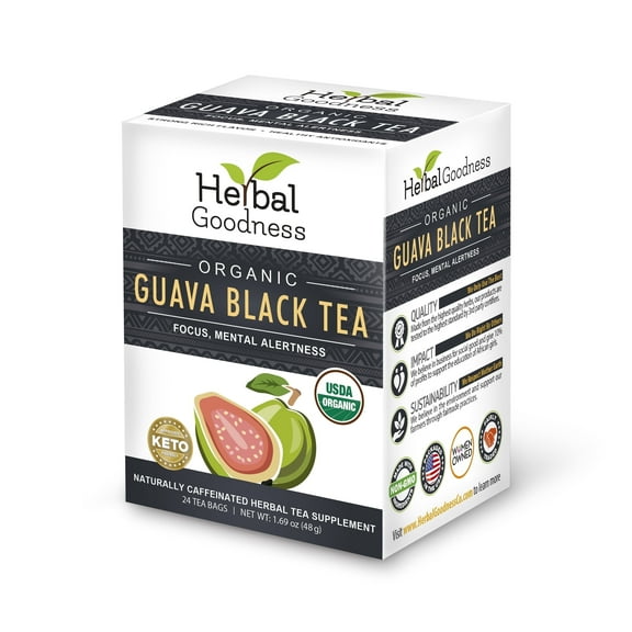 Guava Leaf Tea, Organic Guava Leaves, Herbal, Caffeine-Free, Hojas De Guayaba | 24 Black Tea Bags - Herbal Goodness