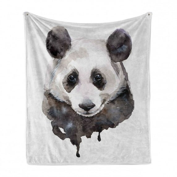 Animal Soft Flannel Fleece Throw Blanket, Watercolor Panda Bear Wildlife Zoo Theme Artwork Image, Cozy Plush for Indoor and Outdoor Use, 50" x 70", Beige White and Black, by Ambesonne