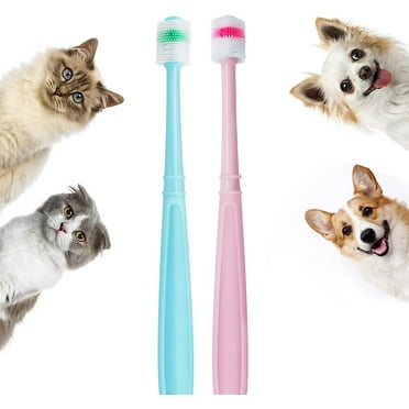 Small Dog & Cat Toothbrush Puppy Toothbrush 360 Degree Deep Clean Fresh Breath Pet Toothbrush for Cat Dental Care Dog Teeth Cleaning, 2 pcs (Blue&Pink)