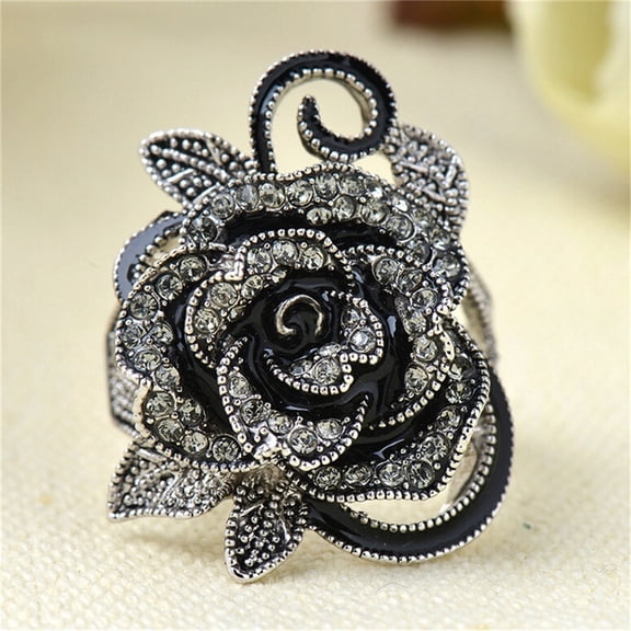 Women Retro Rose Flower Black Crystal Vantige Big Flower Rings