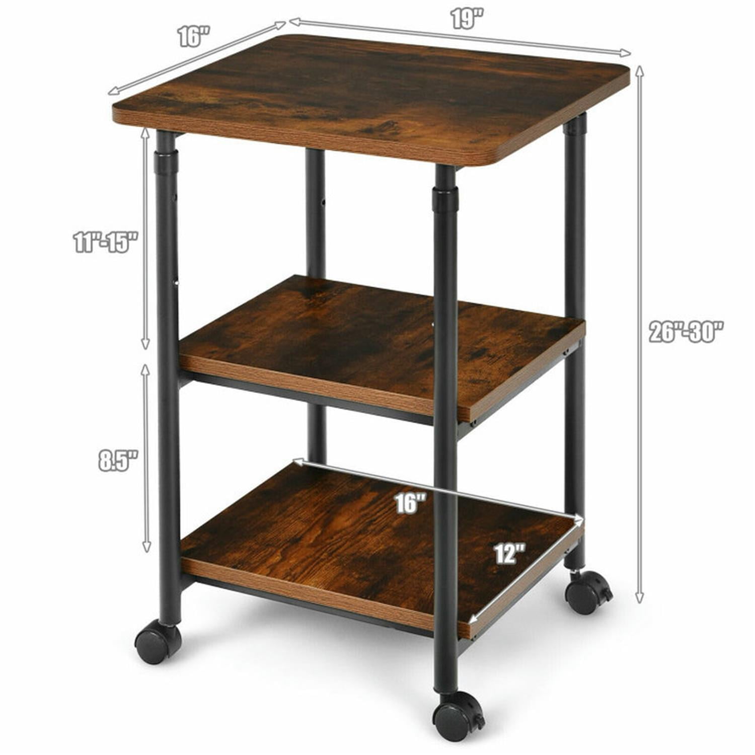 Demi Bonn 3-tier Adjustable Printer Stand with 360° Swivel Casters, Laptop Workstation for Laptops, Books, Tablets, and Art, Brown