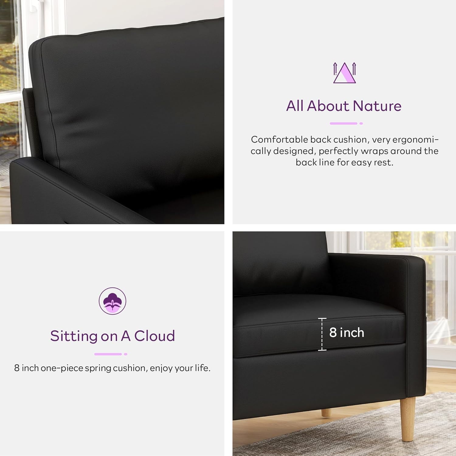 LAZZO 66" Black Faux Leather 2-Seater Loveseat Sofa with USB Charging, Mid-Century Modern Tufted Comfy Cloud Couch for Small Spaces, Living Room Bedroom Office Apartment