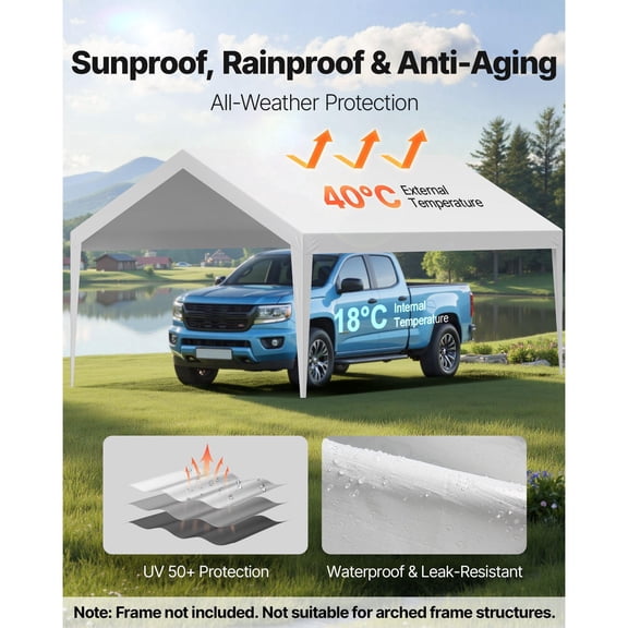 12x20ft Heavy Duty Carport Replacement Canopy UV Resistant Waterproof Portable Garage Tent Top Tarp with Ball Bungees White Frame Not Included