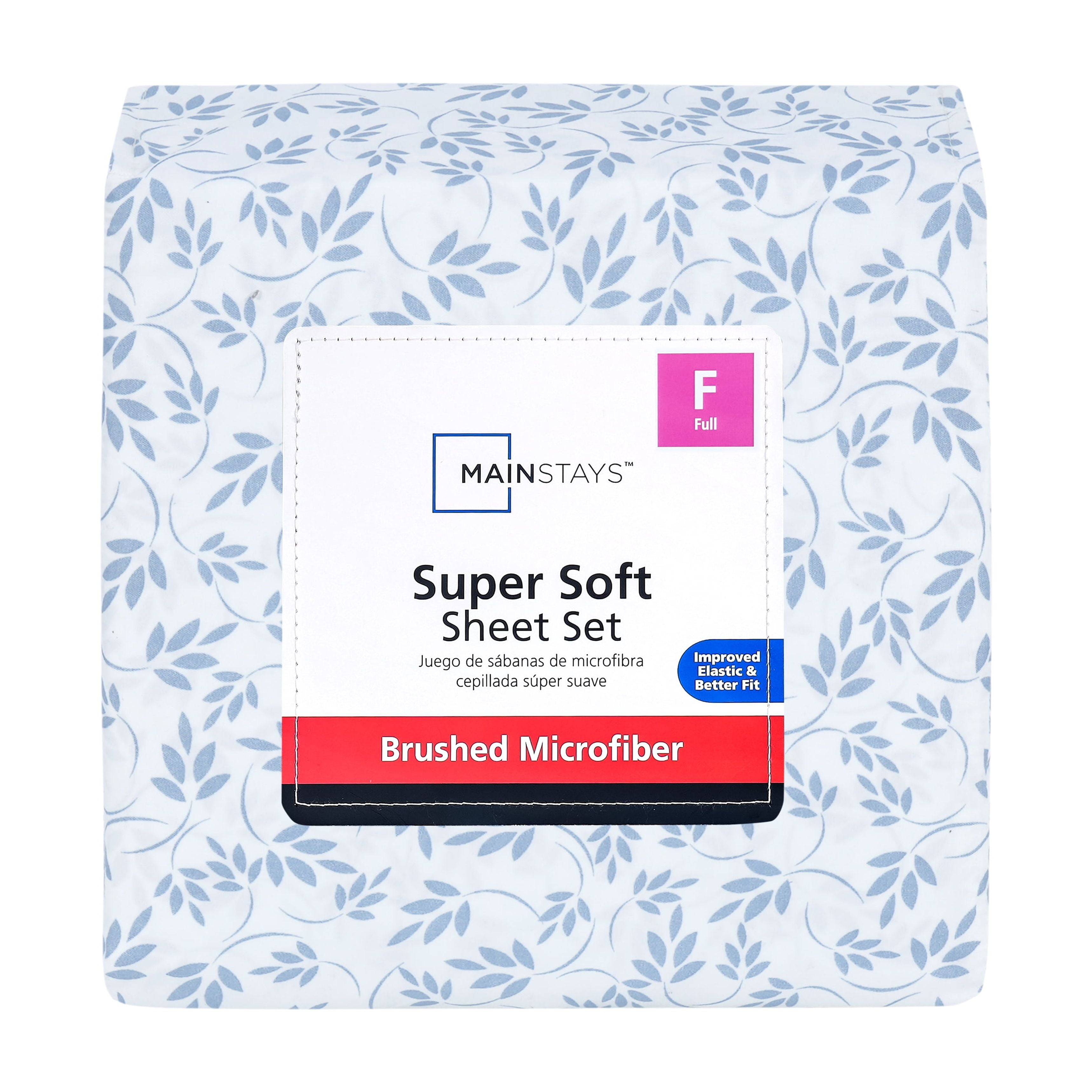 Mainstays Super Soft Brushed Microfiber Bed Sheet Set, Light Blue Leaves, Full, 4 Piece